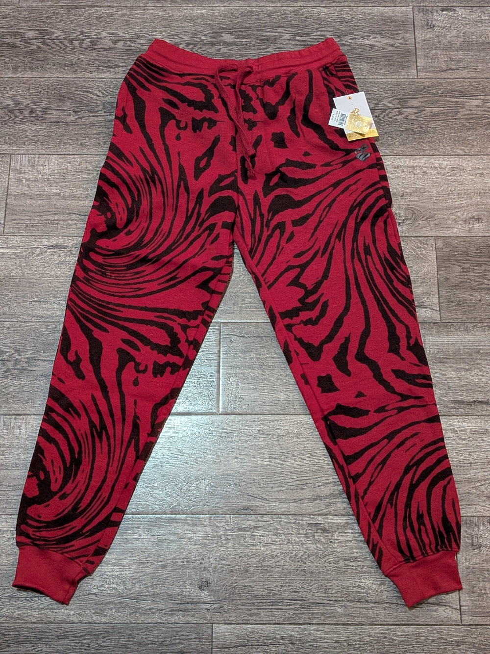 NWT Rocawear Men's Jogger Pants Size L Red Black Swirl Tiger Fleece Sweatpants